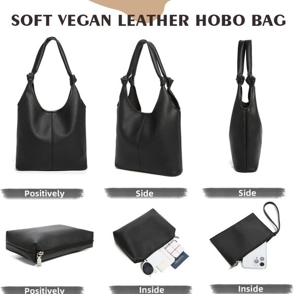 Vegan Leather Hobo Purse Set Slouchy Shoulder Bag Clutch Small Purse for Women - Picture 3 of 6